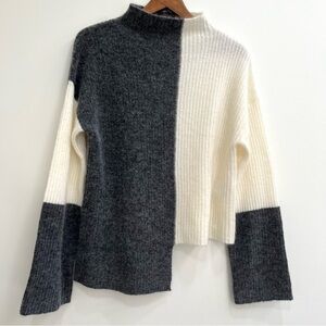 Just Female gray cream sweater asymmetrical hem belle sleeve mock neck  wool LG